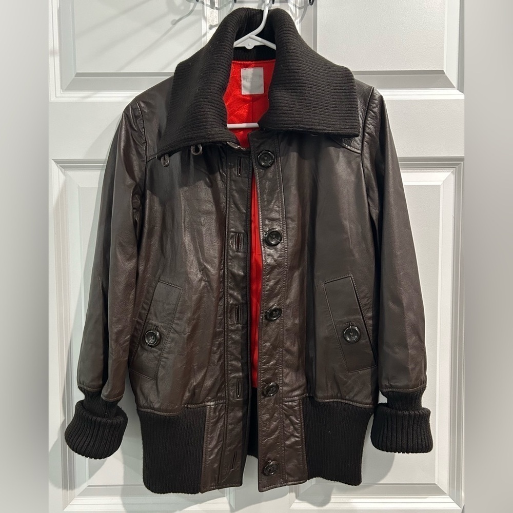 Women's‎ Cowhide Leather Jacket Sz M Wool Blend Cuffs Chocolate 60's Vtg Style